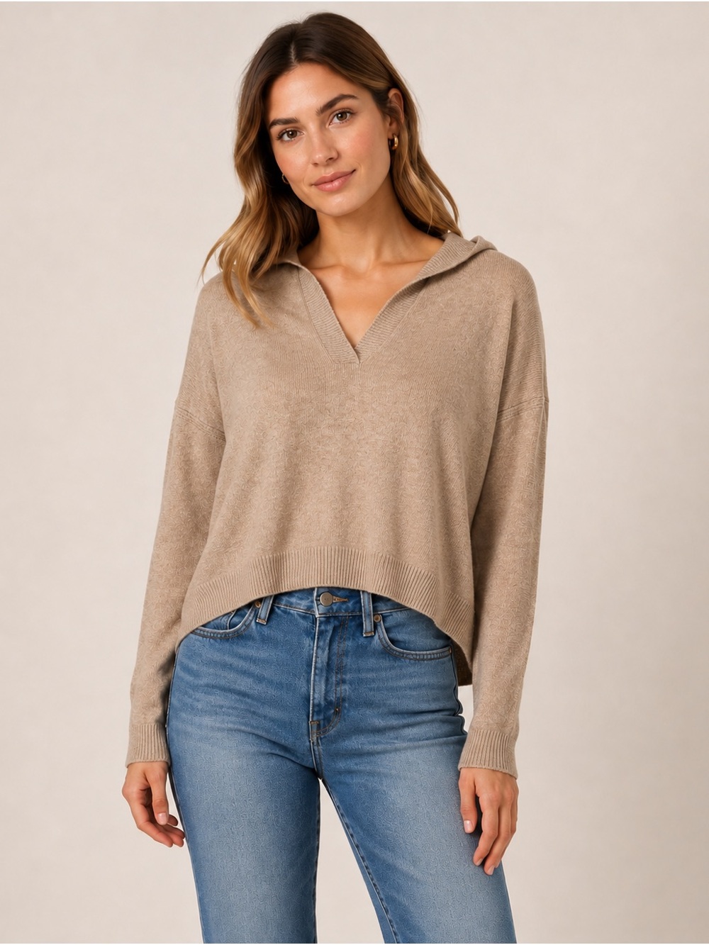 *2 for 20* Poof Y2K New York Taupe Hooded V-Neck High-Low Knit Sweater Small